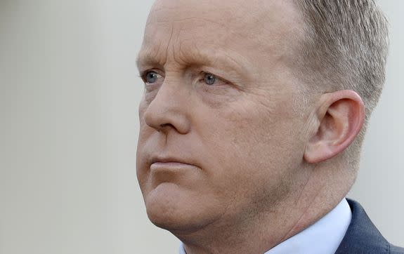 WASHINGTON, DC - APRIL 11:  Presidential Press Secretary Sean Spicer apologizes for comments he made suggesting that President Bashar al-Assad of Syria was worse than Hitler, during a TV interview at the White House April 11, 2017 in Washington, DC. Spicer also said incorrectly that Hitler had not used chemical weapons durng World War II.  (Photo by Olivier Douliery-Pool/Getty Images)