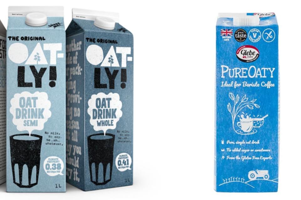 Cartons of the oat milk Oatly (L), and a carton of Glebe Farm’s PureOaty (R) (Oatly/ Glebe Farm)