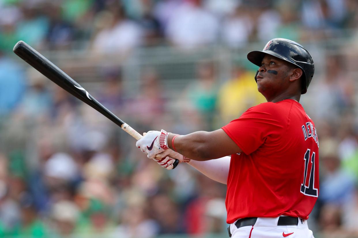 Red Sox third baseman Rafael Devers smacks a two run home run against the New York Yankees in the first inning at JetBlue Park on March 17.