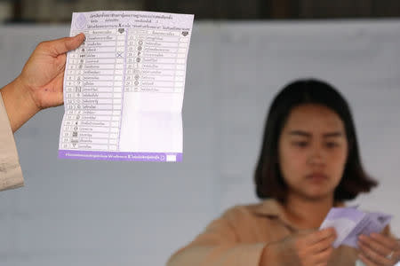 Electoral staff members show a ballot during vote counting at the general election in Mae Hong Son, Thailand, March 24, 2019. REUTERS/Ann Wang