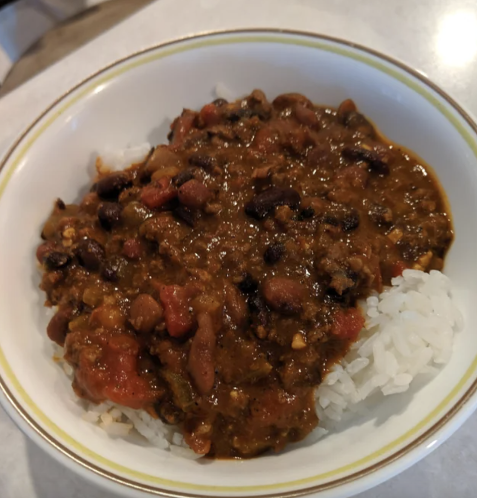 Chili over white rice.