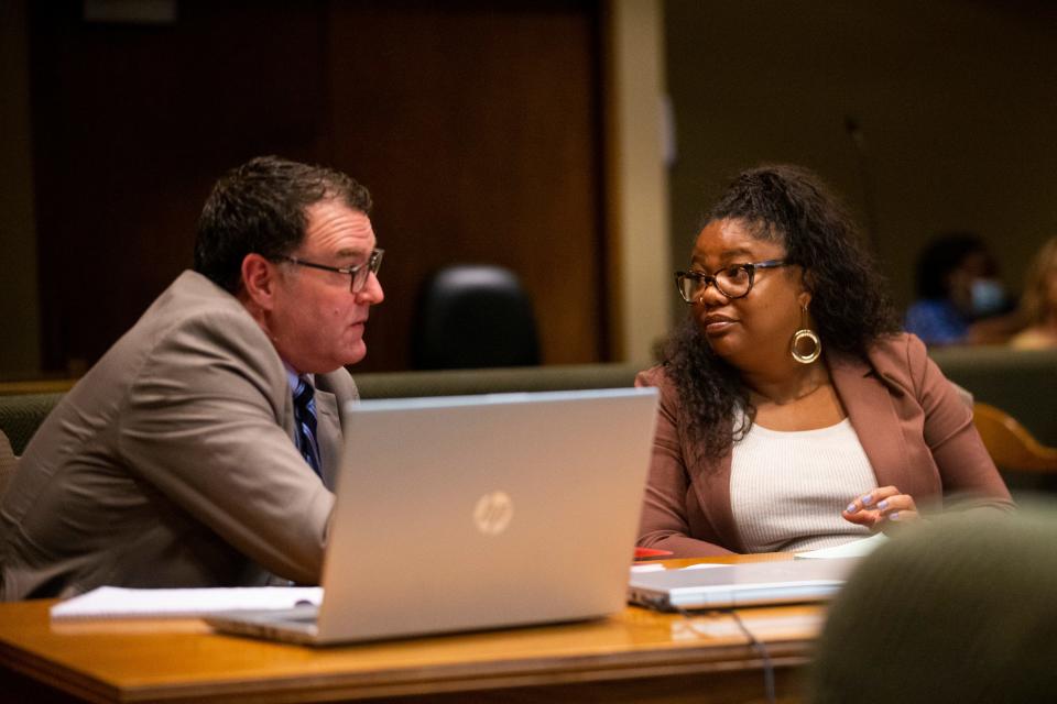 Shelby County Assistant District Attorney Robert Gowen, deputy chief of the justice review unit, and Shelby County Assistant District Attorney Kindle E. Nance speak with each other in court as the Tennessee Innocence Project makes the argument that Artis Whitehead, who has been in jail since 2003 on charges related to the 2002 robbery of B.B. King’s, was wrongfully convicted at Shelby County Criminal Court on Wednesday, September 6, 2023.
(Credit: Chris Day/The Commercial Appeal)