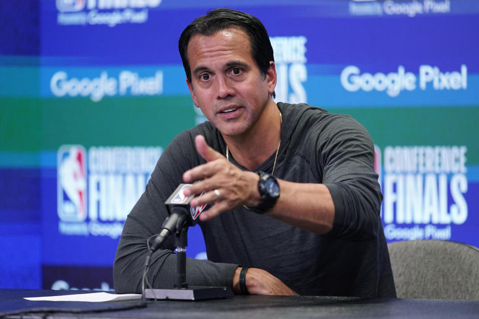 Miami Heat head coach Erik Spoelstra gestures during a post-game news conference following Game 5 of the NBA basketball Eastern Conference finals playoff series against the Boston Celtics, Wednesday, May 25, 2022, in Miami. (AP Photo/Lynne Sladky)