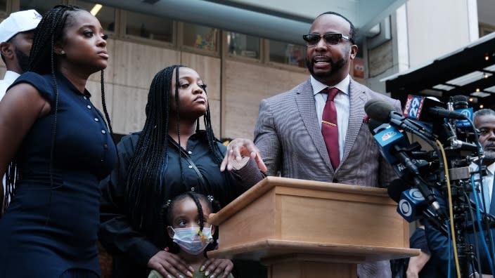 Attorney B’Ivory Lamarr stands in New York with community activists and members of the family of two young girls he says were ignored by a Sesame Place actor dressed as Rosita at Sesame Place in Philadelphia due to their race. (Photo: Spencer Platt/Getty Images)