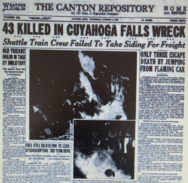 The front page of the Evening Repository on Aug. 1, 1940, reports on the "Doodlebug Disaster," a train collision in Cuyahoga Falls in which 43 people riding in a gasoline-powered passenger rail car were killed when it collided with a freight train.