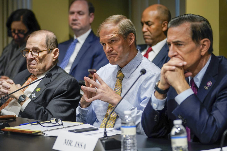 House Judiciary Committee Chair Jim Jordan, R-Ohio, center, Rep. Darrell Issa, R-Calif., right, and Rep. Jerry Nadler, D-N.Y., left, listen to witnesses during a House Judiciary Committee Field Hearing, Monday, April 17, 2023, in New York. Republicans upset with former President Donald Trump's indictment are escalating their war on Manhattan District Attorney Alvin Bragg who charged him, trying to embarrass him on his home turf. (AP Photo/John Minchillo)