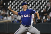 Texas Rangers starting pitcher Glenn Otto delivers during the second inning of a baseball game against the Baltimore Orioles, Thursday, Sept. 23, 2021, in Baltimore. (AP Photo/Terrance Williams)