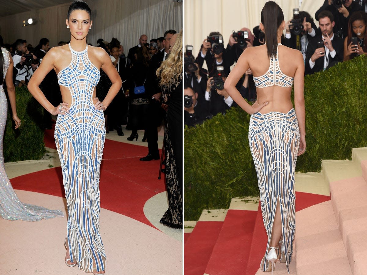 Kendall Jenner's 2016 Met Gala dress had a blue geometric pattern, a racer back, and cutouts on her ribcage.