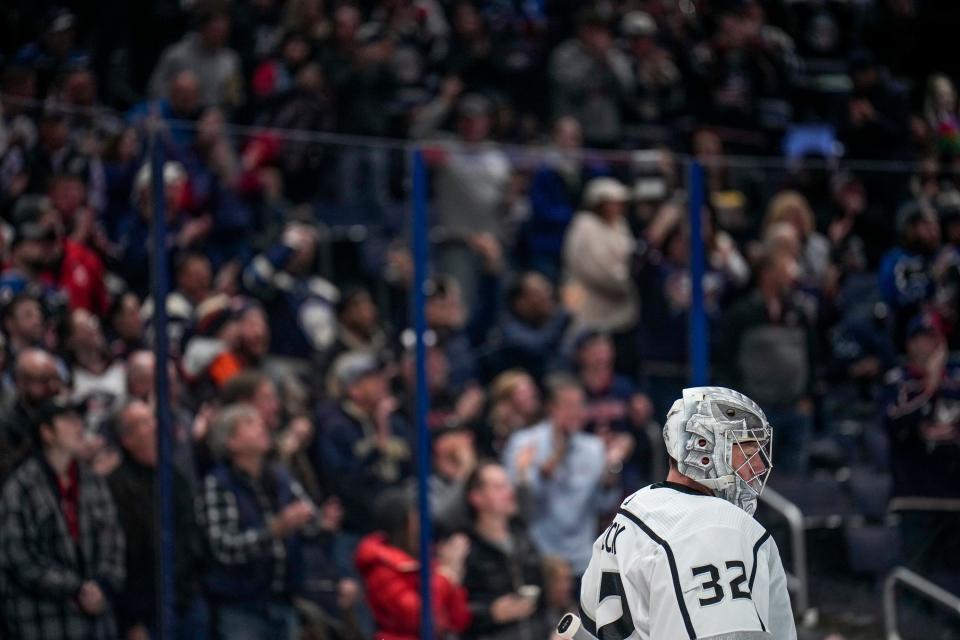 Dec 11, 2022; Columbus, Ohio, United States;  Los Angeles Kings goaltender Jonathan Quick (32) looks down as fans clap in the background after the Columbus Blue Jackets scored their second goal during the first period of the NHL hockey game between the Columbus Blue Jackets and the Los Angeles Kings at Nationwide Arena. Mandatory Credit: Joseph Scheller-The Columbus Dispatch