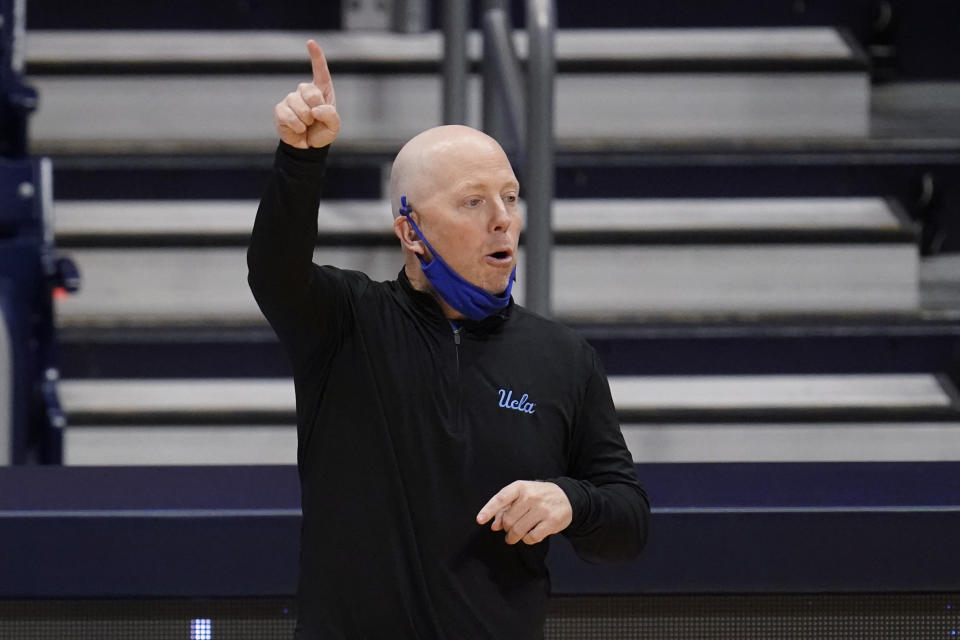 UCLA head coach Mick Cronin gestures against Alabama in the first half of a Sweet 16 game in the NCAA men's college basketball tournament at Hinkle Fieldhouse in Indianapolis, Sunday, March 28, 2021. (AP Photo/Michael Conroy)