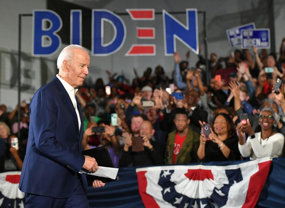 Democratic presidential candidate Joe Biden arrives for a rally at Tougaloo College in Tougaloo, Mississippi on March 8, 2020.