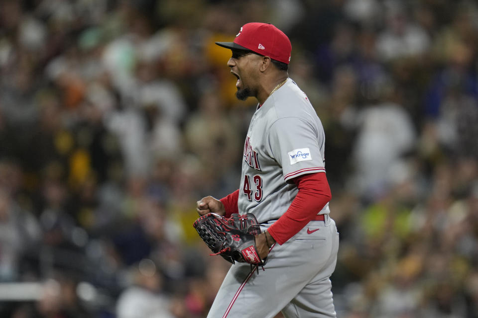 Cincinnati Reds relief pitcher Alexis Diaz celebrates after the Reds defeated the San Diego Padres 2-1 in a baseball game Tuesday, May 2, 2023, in San Diego. (AP Photo/Gregory Bull)