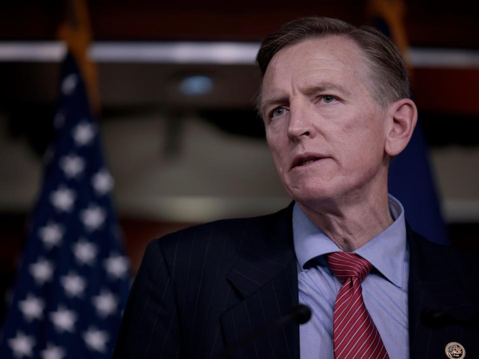 Rep. Paul Gosar (R-AZ) speaks at a news conference at the Capitol Building on December 07, 2021 in Washington, DC. Gosar and Reps. Marjorie Taylor Greene (R-FL), Matt Gaetz (R-FL) and Louie Gohmert (R-TX) held the press conference to describe the alleged mistreatment of January 6 defendants in the DC jail.