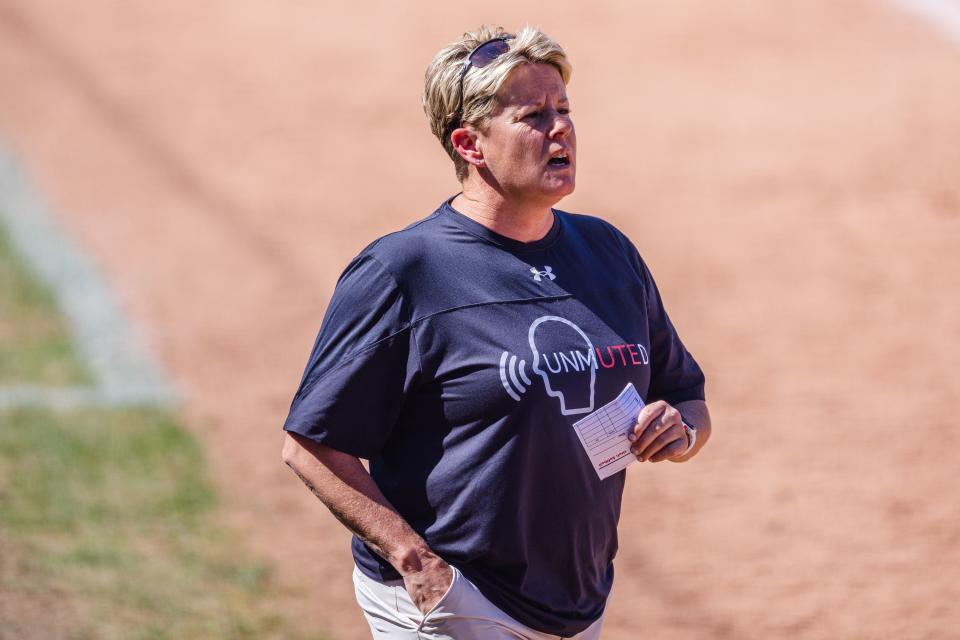 Utah head coach Amy Hogue walks onto the field during an NCAA softball game between Utah and UCLA at Dumke Family Softball Stadium in Salt Lake City on April 29, 2023. | Ryan Sun, Deseret News