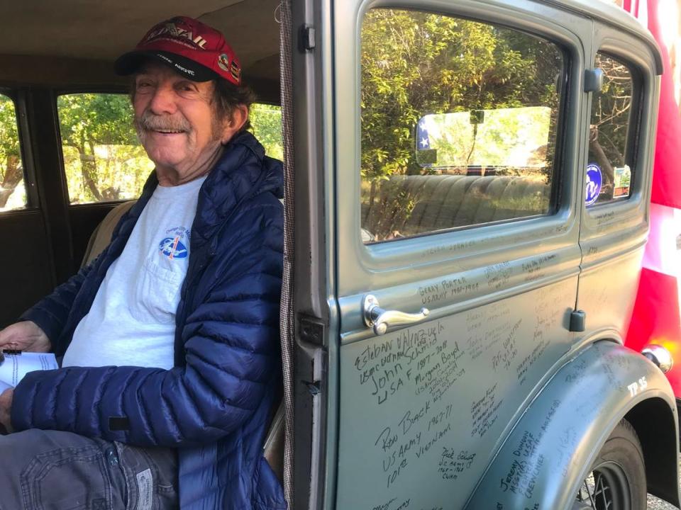 Jay Burbank of Cambria will see about 1,400 miles of a 7,000 mile adventure from this driver’s seat in his 1931 Model A town sedan, honoring veterans and raising money for alternative-education graduates. The trip will take him and friend Charlie Enxuto of South Carolina from California’s Central Coast through the U.S. and Canada to the Arctic Circle. They’ll trailer the antique vehicle the rest of the way. Kathe Tanner/ktanner@thetribunenews.com