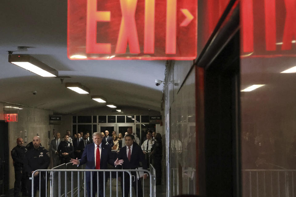 Republican presidential candidate Donald Trump appears in State Supreme Court in New York on Monday morning, April 15, 2024, for the first day of his trial on charges of falsifying business records. (Jefferson Siegel/Pool Photo via AP)