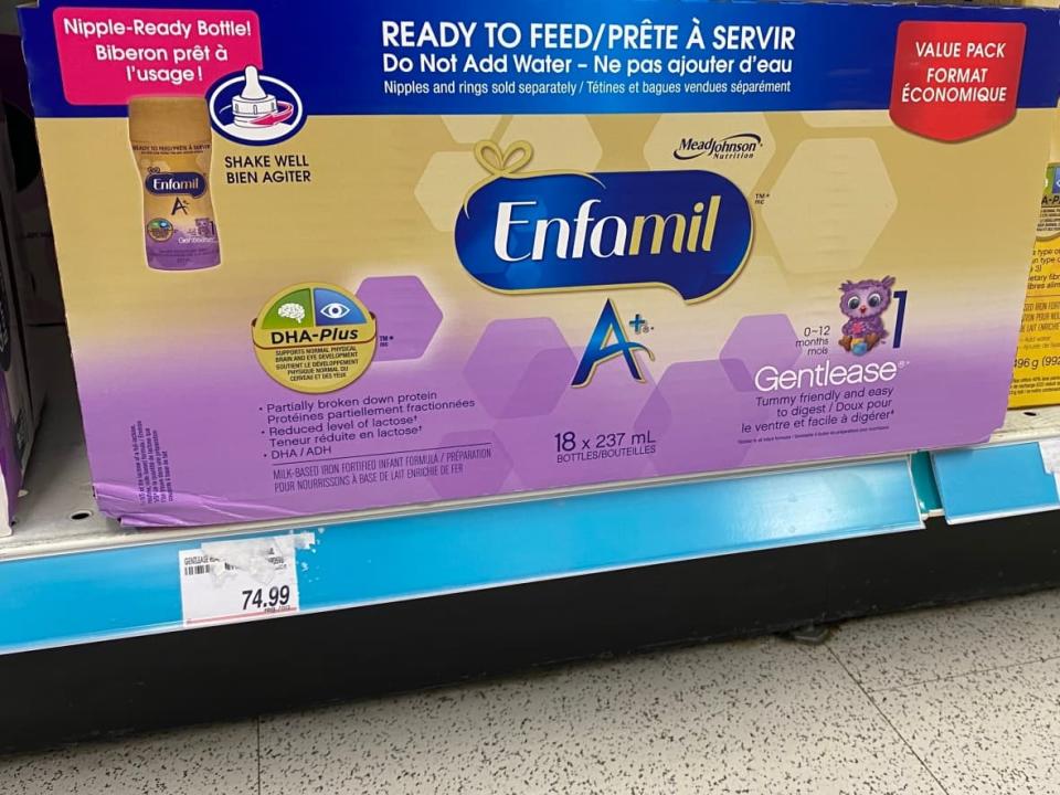 The 18-pack of Enfamil infant formula was around $60 at Shoppers Drug Mart last month.  Now it costs $75.  (Anjuli Patil/CBC - photo credit)