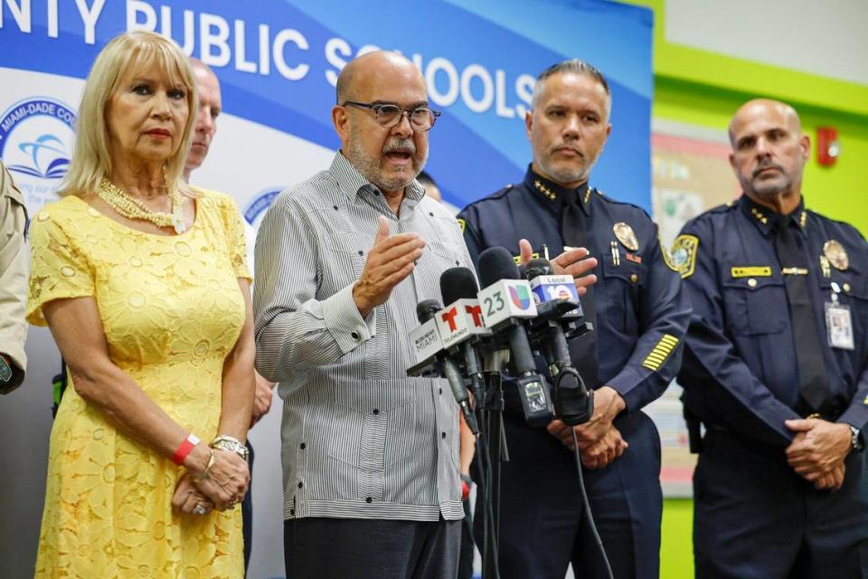 Miami-Dade County Public Schools Superintendent Jose L. Dotres speaks to reporters after a large-scale active shooter drill at Miami Central Senior High in Miami, Florida on Thursday, July 18, 2024.