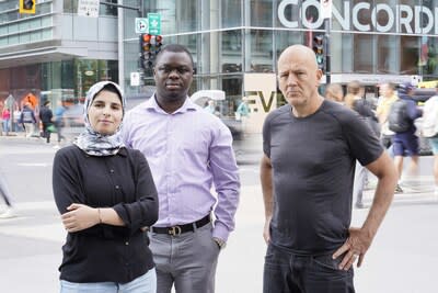 Hafsa Ennajari & Akinlolu Ojo from Concordia University’s Applied AI Institute along with Pascal Maeder, Urbanoid’s CEO. (photo J.Wenk) (CNW Group/Urbanoid)