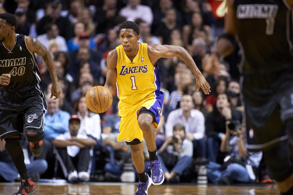 Basketball: Los Angeles Lakers Darius Morris (1) in action vs Miami Heat at American Airlines Arena. Miami, FL 1/19/2012
CREDIT: Greg Nelson (Photo by Greg Nelson /Sports Illustrated via Getty Images)
(Set Number: X86775 TK1 R9 F3 )