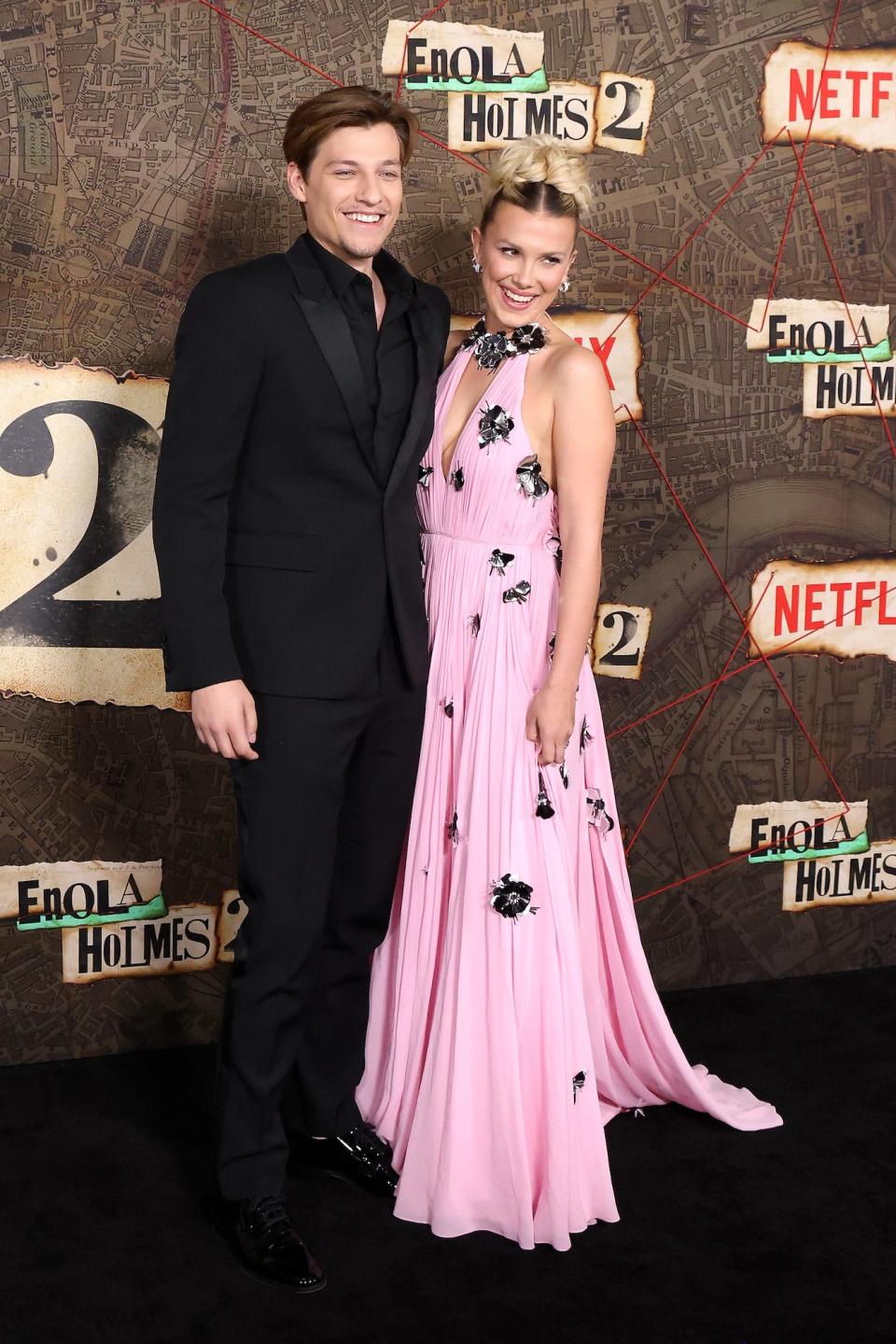Jake Bongiovi and Millie Bobby Brown at the "Enola Holmes 2" premiere.