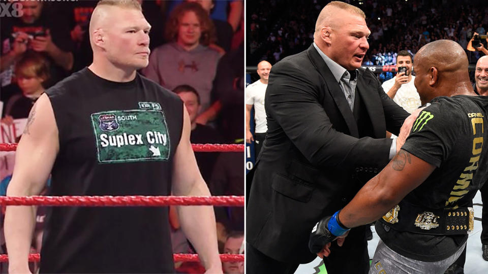 Lesnar on Wednesday, compared to his bulkier frame. Image: WWE/Getty