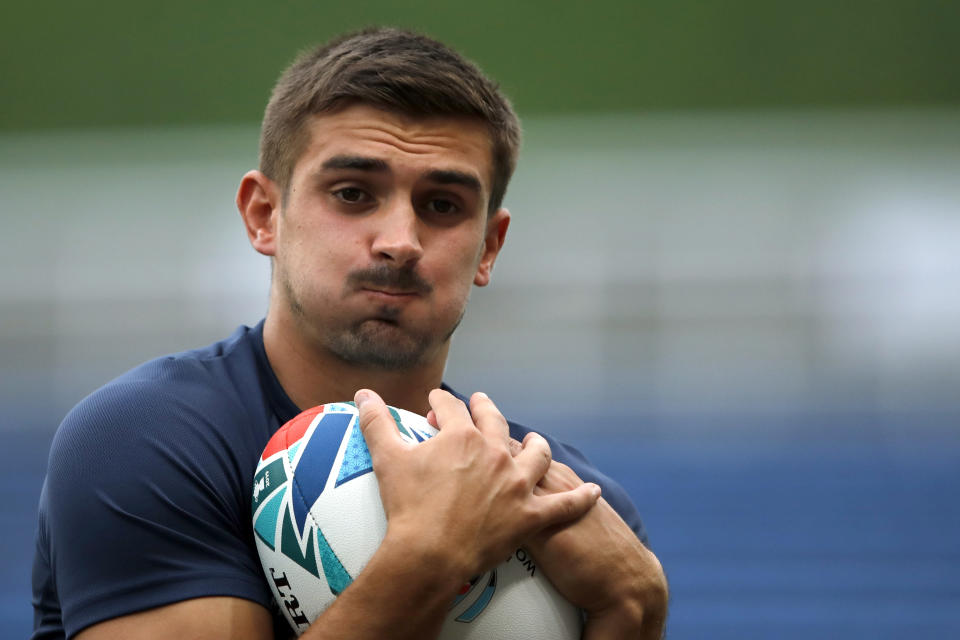 France's Thomas Ramos catches the ball during a training session in Fukuoka, southwestern Japan, Tuesday, Oct. 1, 2019. France will plays tomorrow against USA during their Rugby World Cup Pool C game. (AP Photo/Christophe Ena)