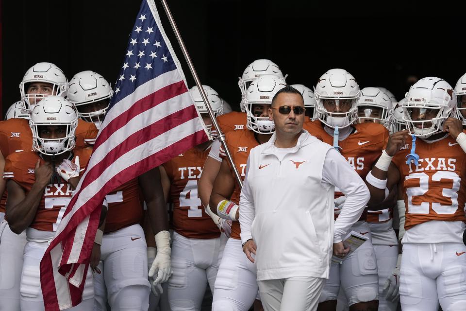 Texas head coach Steve Sarkisian and his team prepare to take the field for an NCAA college football game against BYU in Austin, Texas, Saturday, Oct. 28, 2023. | Eric Gay, Associated Press