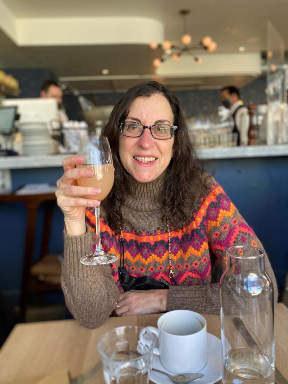 Lohud Food & Dining Reporter Jeanne Muchnick at Boro6 Wine Bar in Hastings-on-Hudson. The restaurant is one of 10 in Westchester that have recently mandated a vaccinated only policy to dine indoors.