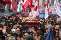 Friends and family carry the coffin with the remains of Peru's former President Alan Garcia, who killed himself this week, during the last of three days of national mourning declared by President Martin Vizcarra, in Lima, Peru April 19, 2019. REUTERS/Guadalupe Pardo