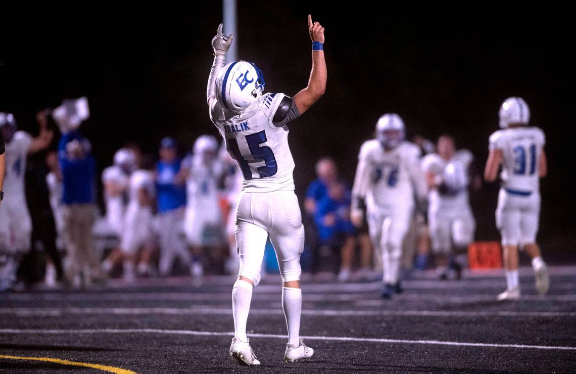 Eatonville quarterback Job Kralik ccelebrates as time expires in the Cruisers 27-22 victory over the Tenino Beavers in Friday night’s 2A football game at Tenino Beaver Stadium in Tenino, Washington, on Sept. 30, 2022.