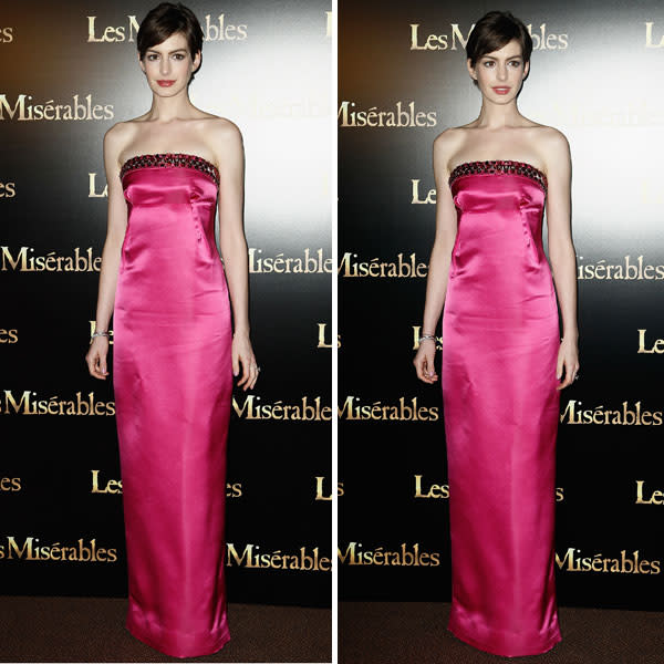 <b>Anne Hathaway at the Les Miserables premiere in Paris, Feb 2013 </b><br><br>The actress, who plays Fantine in the film, stepped out in a stunning hot pink Prada dress for the <a href="http://uk.lifestyle.yahoo.com/anne-hathaway-brightens-up-the-les-miserables-paris-premiere-in-hot-pink-prada-gown--103109711.html" data-ylk="slk:Paris premiere;elm:context_link;itc:0;sec:content-canvas;outcm:mb_qualified_link;_E:mb_qualified_link;ct:story;" class="link  yahoo-link">Paris premiere</a>.<br><br>© Getty