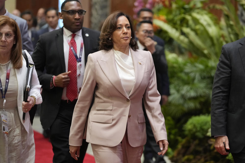 U.S. Vice President Kamala Harris leaves after attending the East Asia Summit at the Association of Southeast Asian Nations (ASEAN) Summit in Jakarta, Indonesia, Thursday, Sept. 7, 2023. (AP Photo/Achmad Ibrahim, Pool)