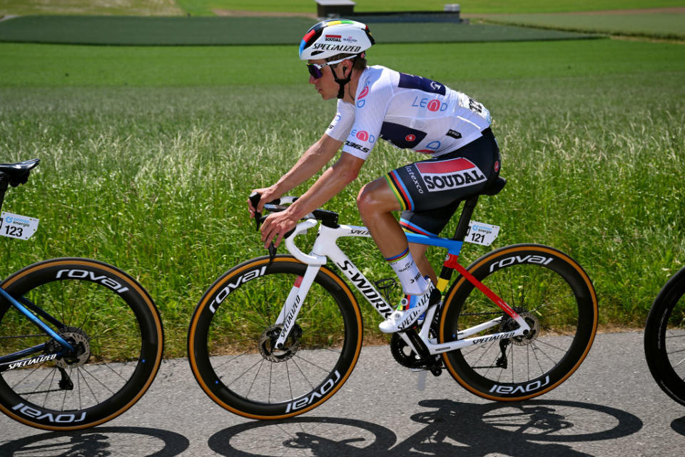 NOTTWIL SWITZERLAND  JUNE 12 Remco Evenepoel of Belgium and Team Soudal QuickStep  White best young jersey competes during the 86th Tour de Suisse 2023 Stage 2 a 1737km stage from Beromnster to Nottwil  UCIWT  on June 12 2023 in Nottwil Switzerland Photo by Dario BelingheriGetty Images