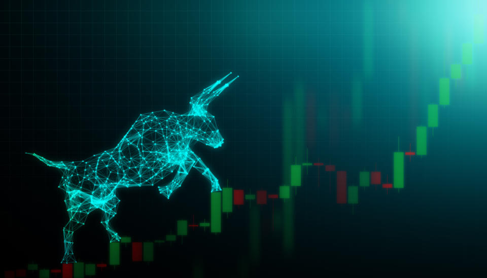 A bull climbing a rising stock chart.