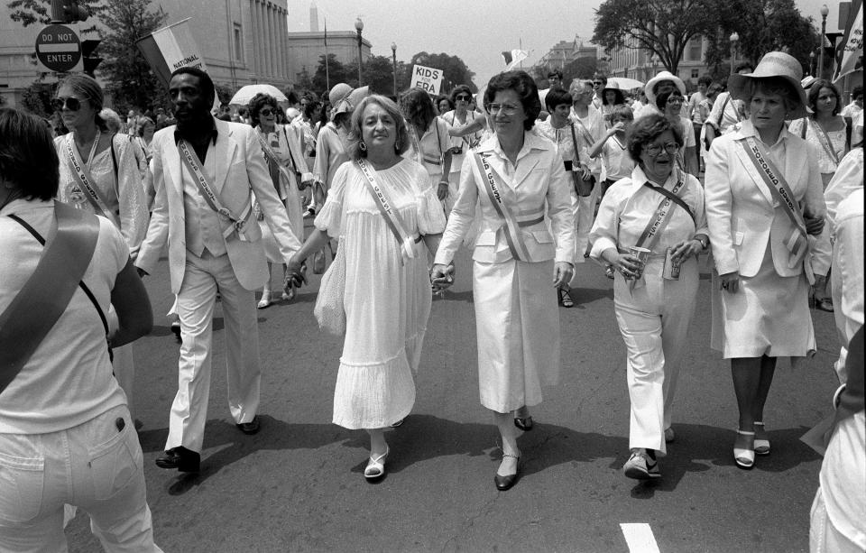 Gloria Steinem, Dick Gregory, Betty Friedan and Reps. Elizabeth Holtzman, D-N.Y., Barbara Mikulski, D-Md., and Margaret Heckler, R-Mass., at ERA march in Washington on July 9, 1978.