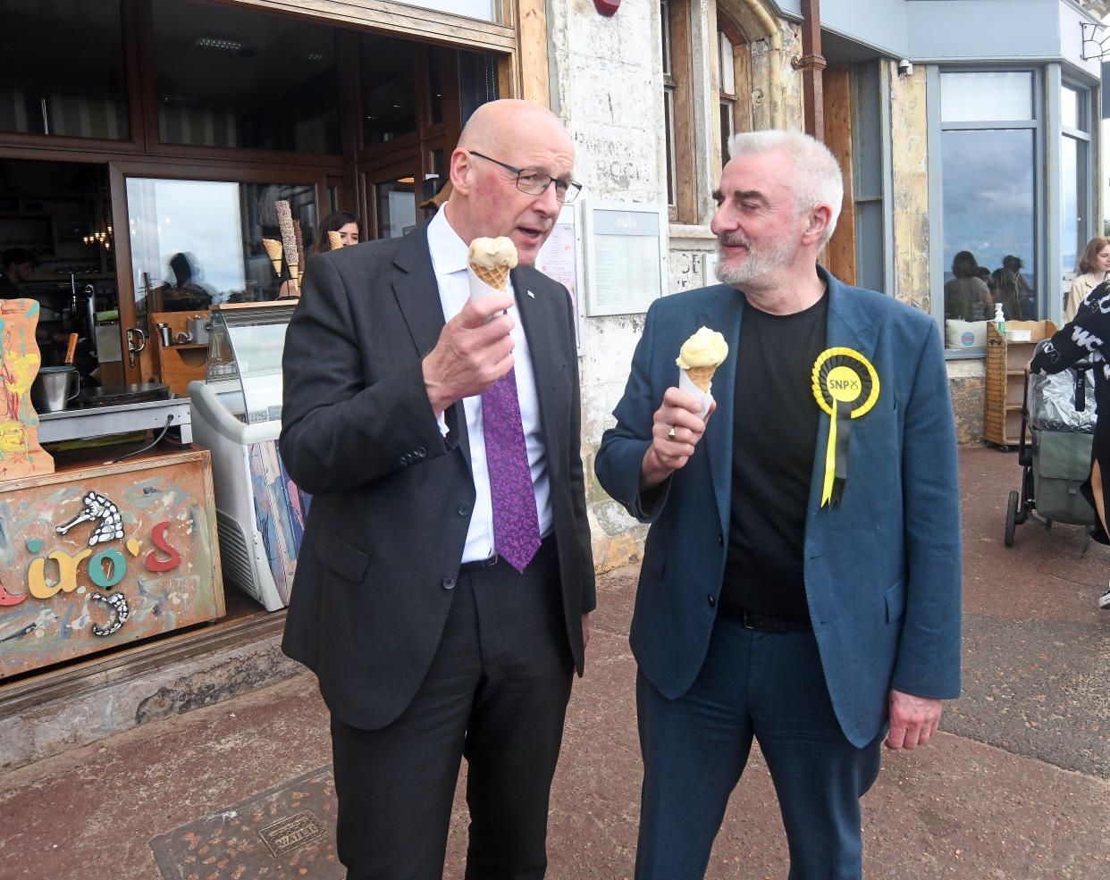 First Minister John Swinney and Edinburgh East and Musselburgh candidate Tommy Sheppard enjoy eating ice-cream cones while campaigning in Portobello