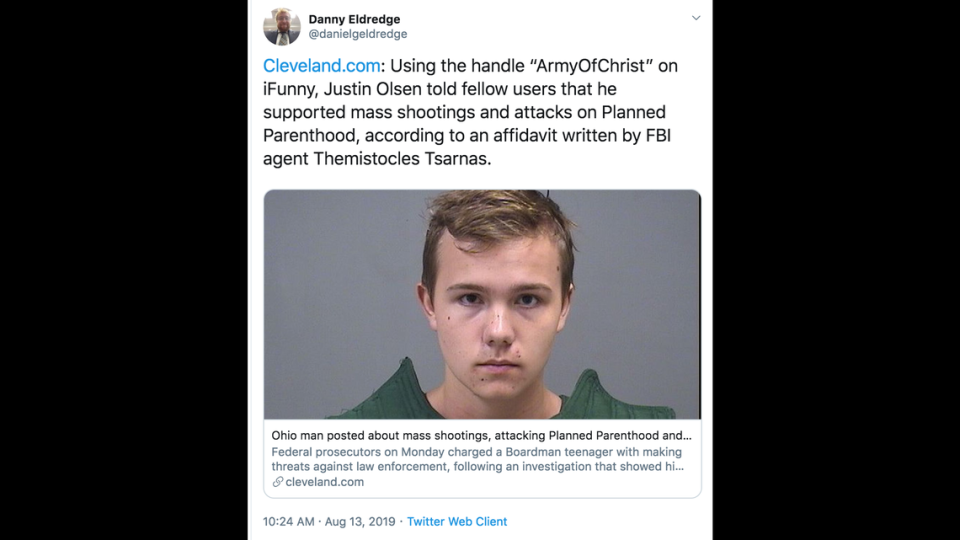 Justin Olsen, 18, has been charged with inducing panic and threatening a federal officer following posts he made online, the FBI says.