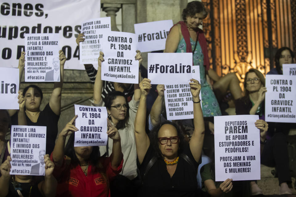 Abortion rights activists protest an anti-abortion bill in Brazil's Congress, in Rio de Janeiro, Thursday, June 13, 2024. (AP Photo/Bruna Prado)