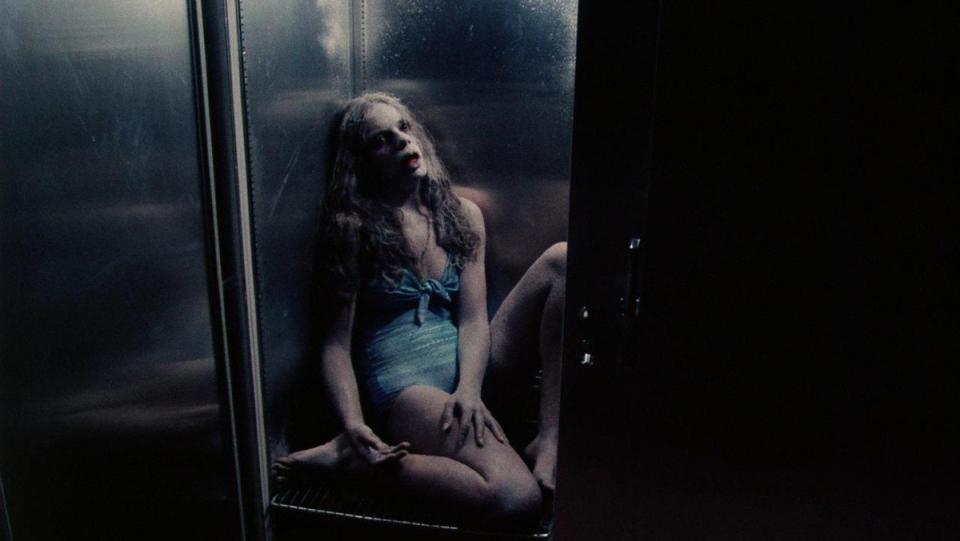 A dead and frozen woman sits in a metal box in rabid movie strangest vampire