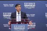 Britain's Prime Minister Rishi Sunak delivers his speech at the annual political festival Atreju, organized by the Giorgia Meloni's Brothers of Italy political party, in Rome, Saturday, Dec. 16, 2023. (AP Photo/Alessandra Tarantino)