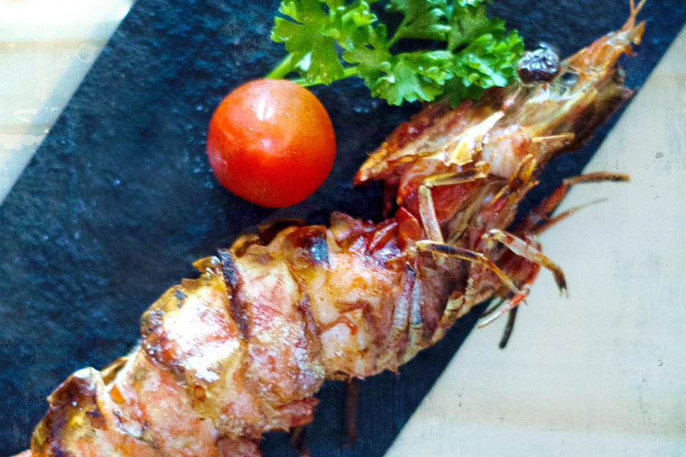 A lightly charred tiger prawn, 'robatayaki' style.