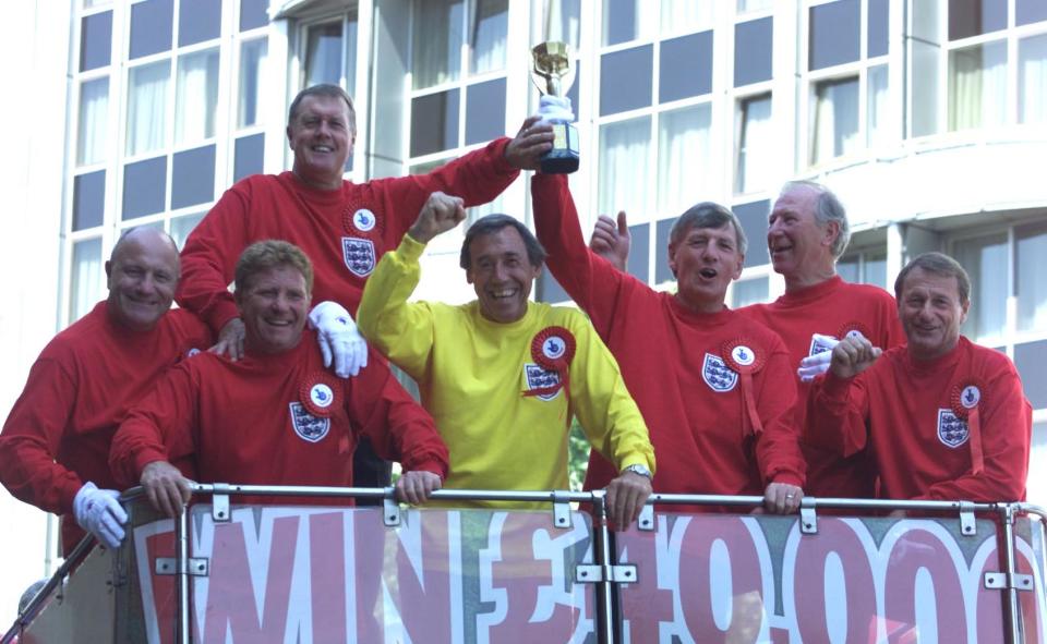 George Cohen, Alan Ball, Geoff Hurst, Gordon Banks, Jack Charlton, Martin Peters and Roger Hunt reunite in 2001 to mark the 35th anniversary of England’s only World Cup win. (Rex)