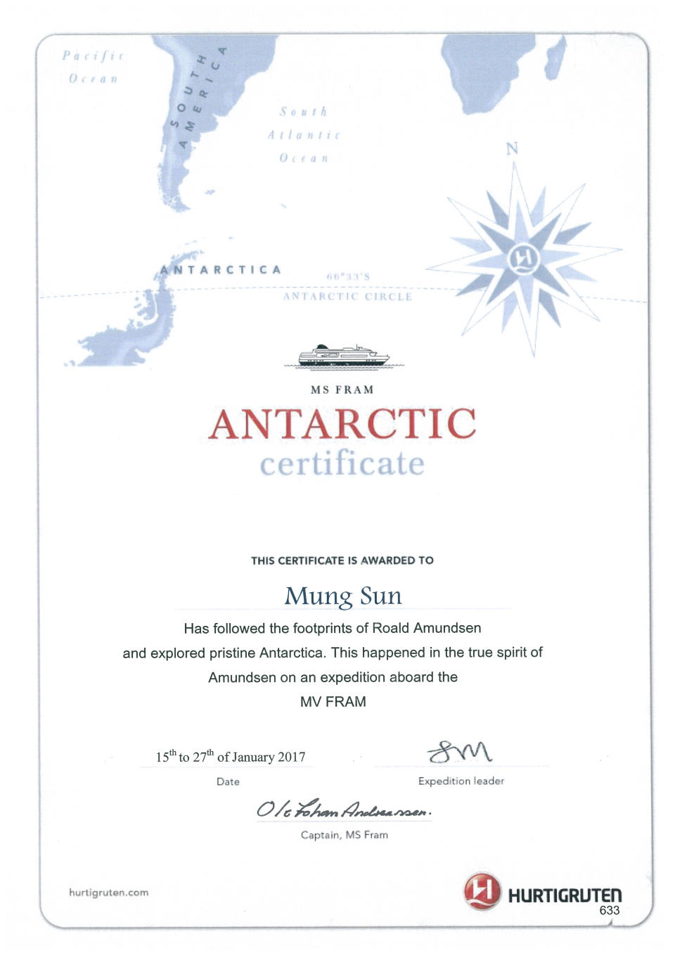2007年1月27日，我們完成了南極的旅程，並得到了這張證書。