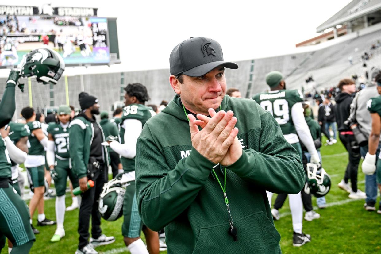 Michigan State's head coach Jonathan Smith leaves the file after the Spring Showcase on Saturday, April 20, 2024, at Spartan Stadium in East Lansing.