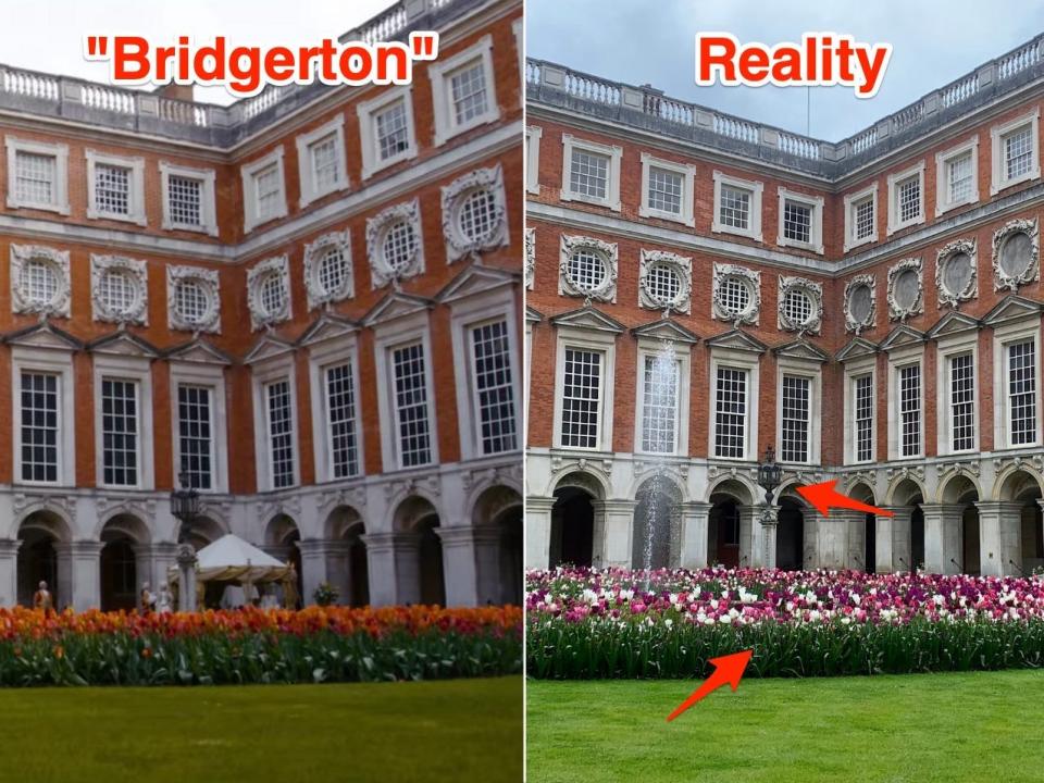 Fountain Court at Hampton Court Palace in "Bridgerton," and in reality.