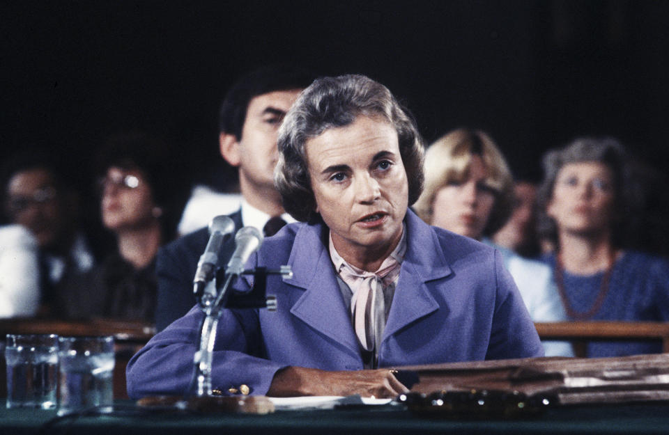 FILE - Supreme Court nominee Sandra Day O'Connor is shown speaking before a Senate hearing on her nomination to the U.S. Supreme Court in a Sept. 9, 1981 file photo. O'Connor, who joined the Supreme Court in 1981 as the nation's first female justice, has died at age 93. (AP Photo/ John Duricka, File)