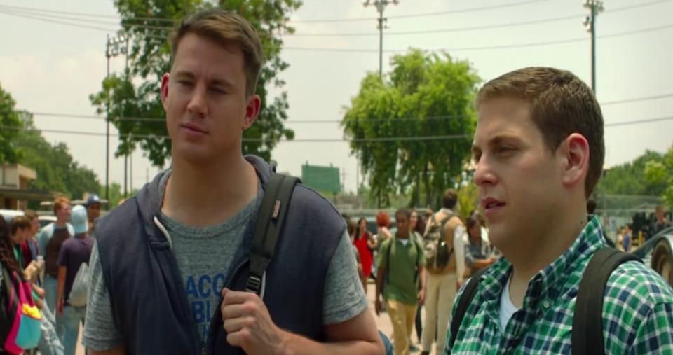 Schmidt and Jenko at a high school parking lot in "21 Jump Street"