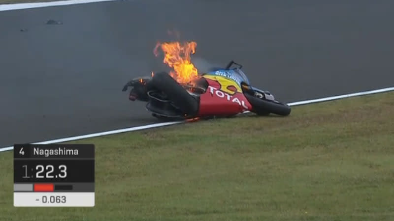 Alex Marquez’s bike became engulfed in flames after a sickening crash in practice. Pic: Fox Sports