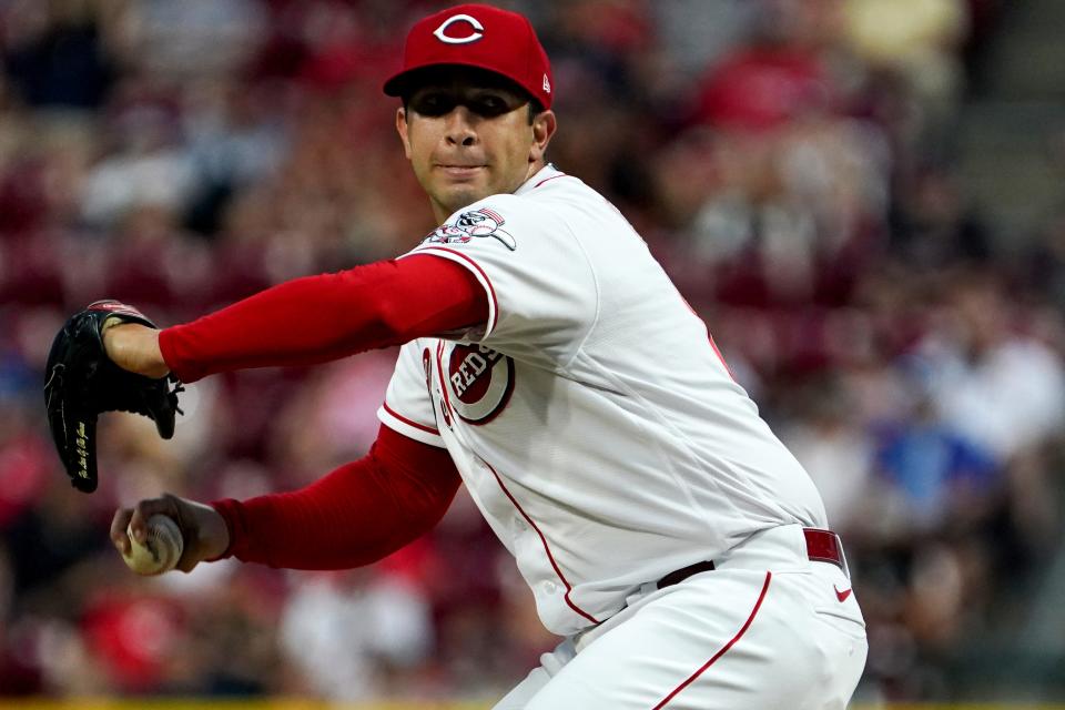 Cincinnati Reds relief pitcher Luis Cessa (85) delivers during the eighth inning of a baseball game against the Atlanta Braves, Friday, July 1, 2022, at Great American Ball Park in Cincinnati. The Atlanta Braves won, 9-1. 
